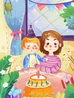 手绘卡通母亲节插画漫画素材