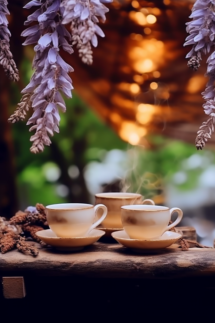 木桌上的茶杯垂挂的树叶花枝摄影图(2688x4032)