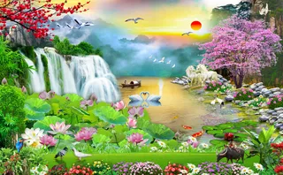 清新流水生财荷花双马荷花风景