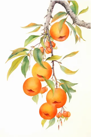 秋天树枝上挂着黄色果实水墨画水彩画素材