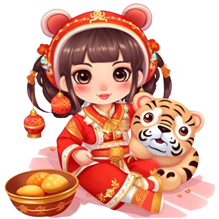 卡通插画人物喜庆红色衣服孩子老虎免抠(1024x1024)