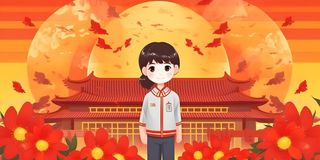 学生中国红祖国繁花背景