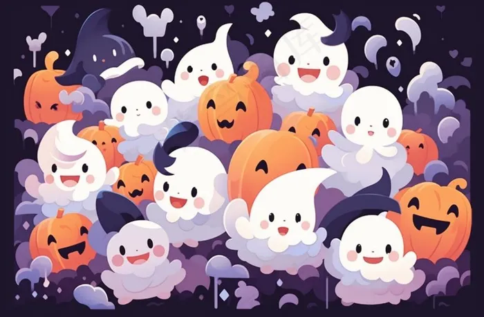 万圣节可爱搞怪小孩幽灵卡通插画素材(1344x880)