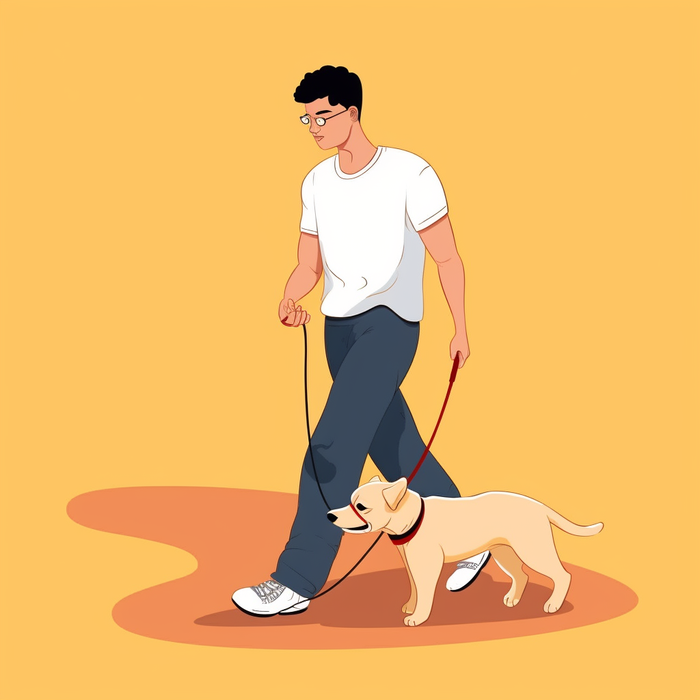 一位男生牵着狗狗遛狗橙色卡通插画背景
