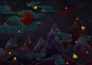 国潮鎏金复古烫金国风孔雀仙鹤装饰画素材PSD