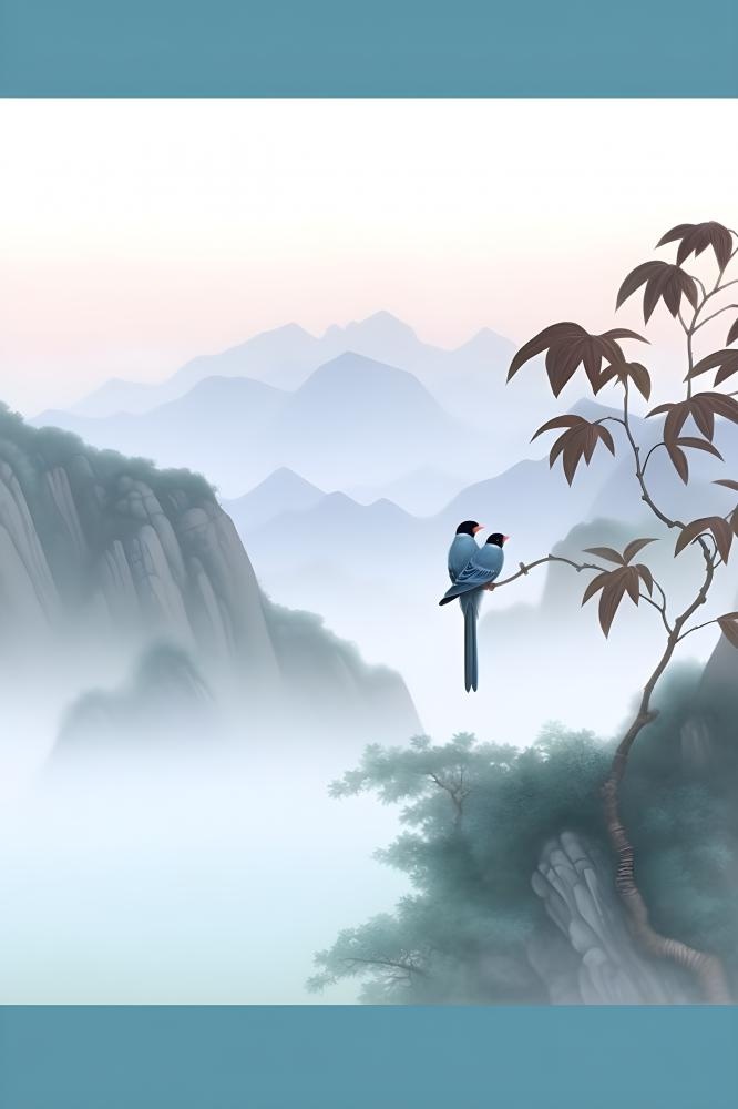 古风山水画迎客松鸟水墨画背景