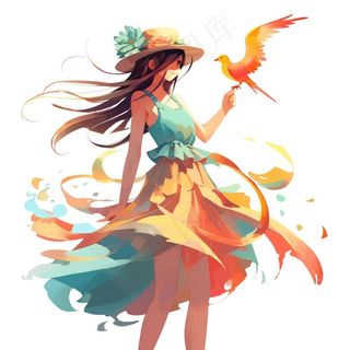 秋日美丽的少女油画插画免抠