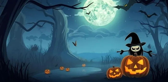 万圣节夜晚坟墓恐怖月色树林插画蓝黑色背景(1568x768)
