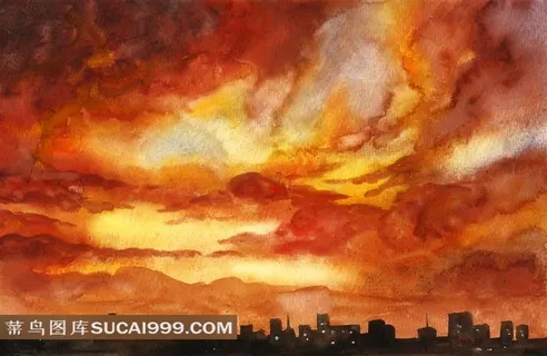 火烧云水彩画