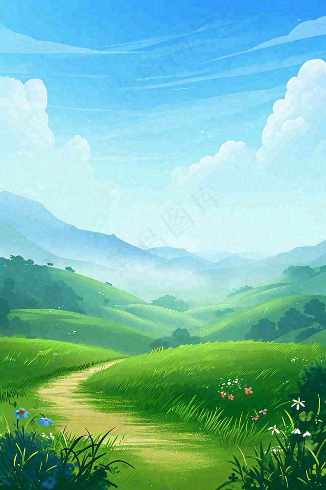 春天郊外旅行蓝天白云清新草地手绘，春分