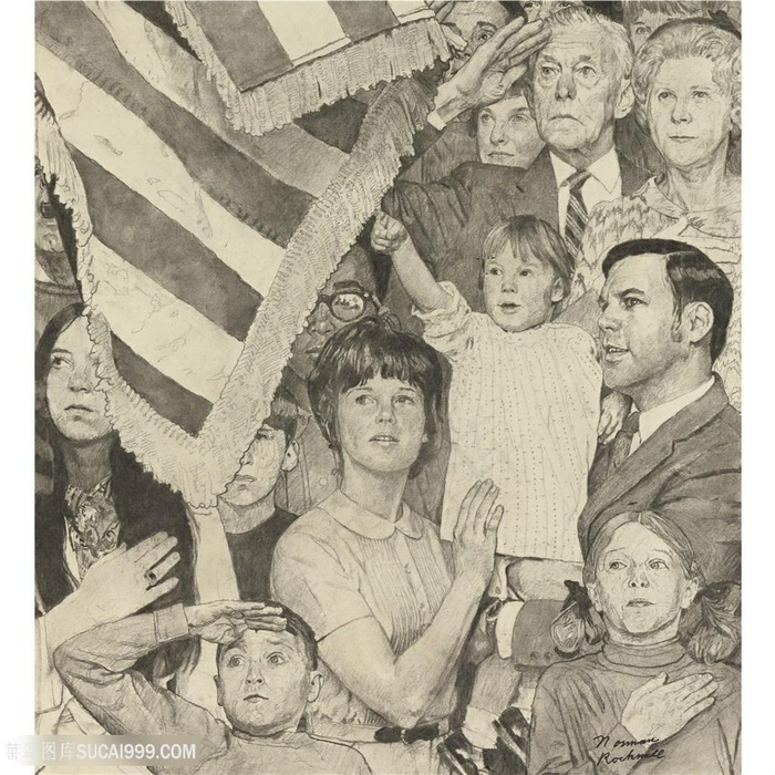诺曼 · 洛克威尔手绘素描人物旗子装饰画