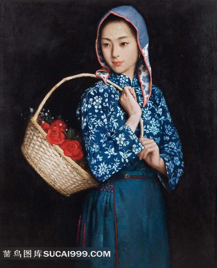 油画背着花篮的农妇
