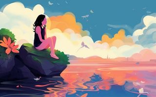 绚丽天空女孩坐着石头上漫画风背景