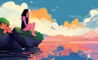 绚丽天空女孩坐着石头上漫画风背景