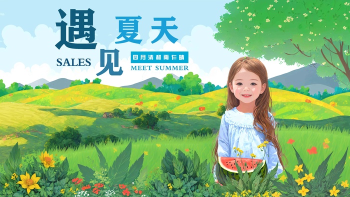 夏天你好可爱女孩春日手绘插画壁纸海报-吃瓜瓜