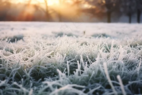 白霜覆盖着草地清晨摄影图