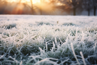 白霜覆盖着草地清晨摄影图