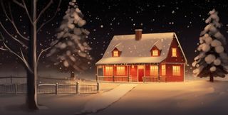 冬天夜晚森林里的房子被白雪覆盖卡通插画背景