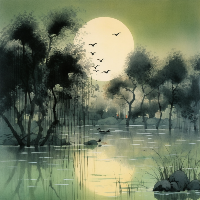 夜半古树伴孤鹜，秋月共江水一色