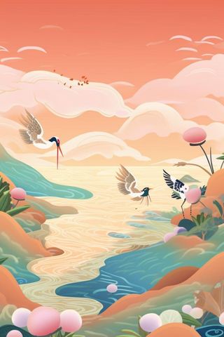 国潮彩色简约山水水壶背景