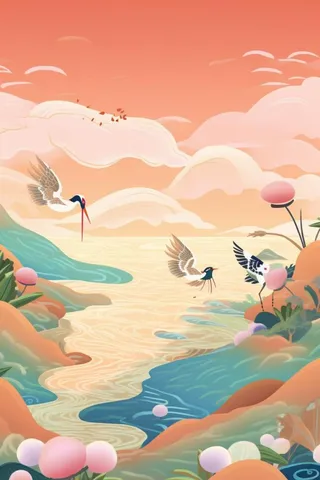 国潮彩色简约山水水壶背景