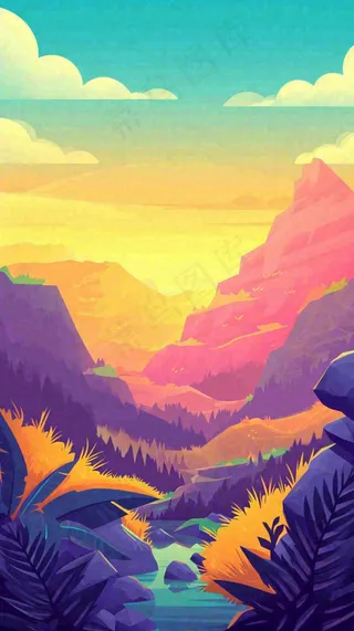 落日山脉河流小溪扁平手绘插画，旅行游玩登山郊游