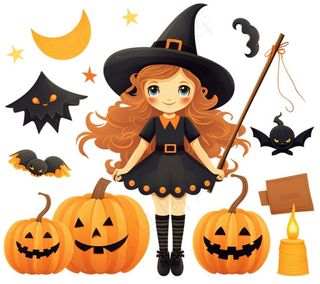 万圣节女巫蝙蝠南瓜卡通插画免抠