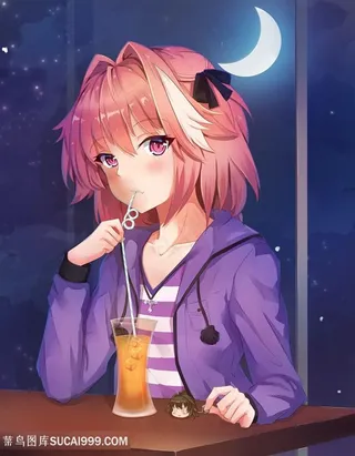 日本喝饮料的可爱女生动漫图片