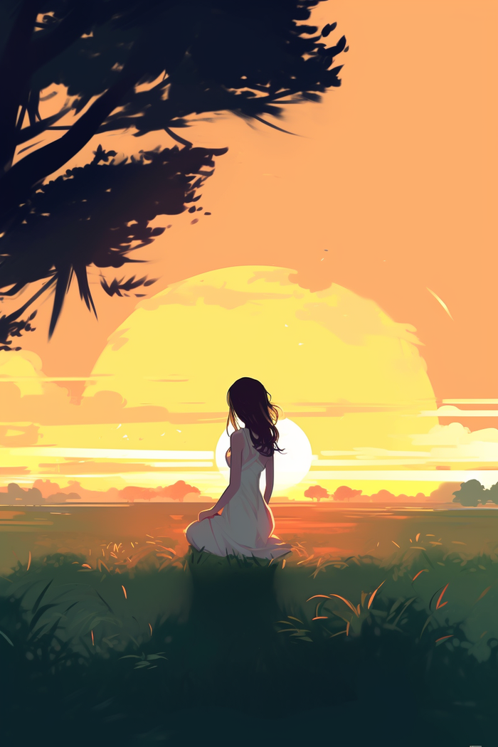 夕阳下女孩坐着树下草坪上远处的落日余晖卡通插画