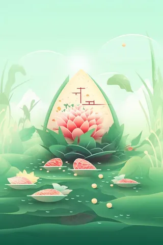 国潮鎏金莲花山水绿色