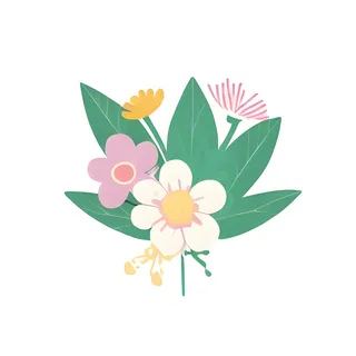 一丛花朵有绿叶手绘卡通png免抠