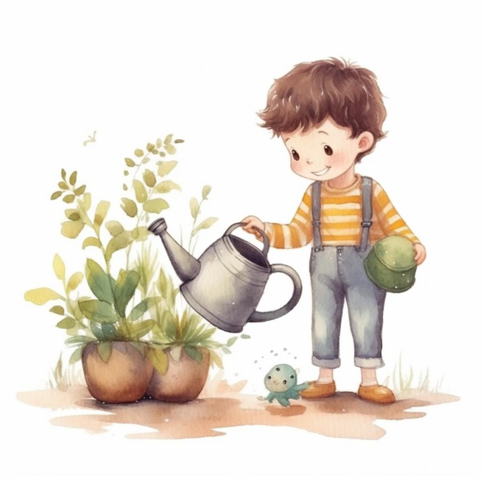 春夏小男孩在给绿植植物浇水插画海报素材背景(1024x1024)