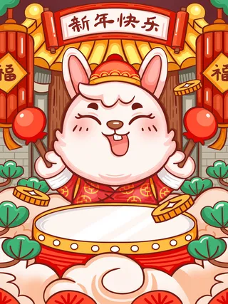2023年兔年新年快乐插画海报
