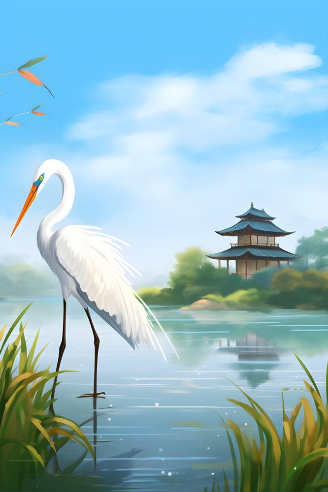 国风芦苇白鹭清新背景(2400x3600)