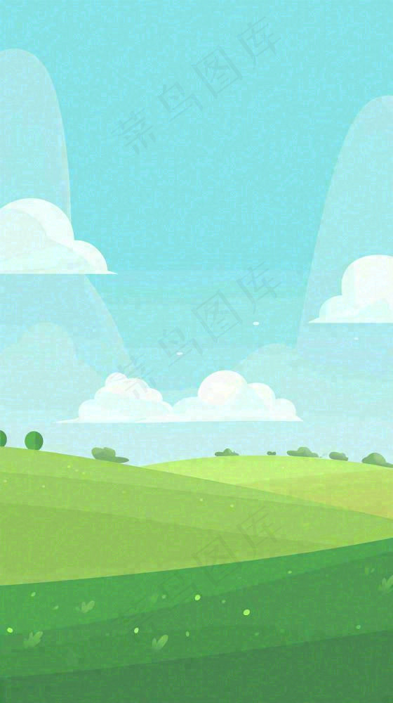蓝天白云草地卡通扁平手绘插画春天绿色立春，春分