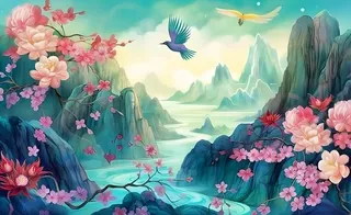 国潮风山峦云树枝花鸟插画海报素材背景