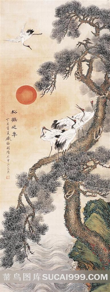 高清国画松鹤红日图