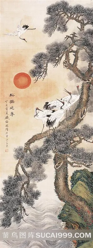 高清国画松鹤红日图 高清国画松鹤红日图