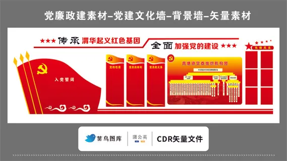 党建文化墙党建素材CDR预览图红色背景红旗党委组织机构图加强建设
