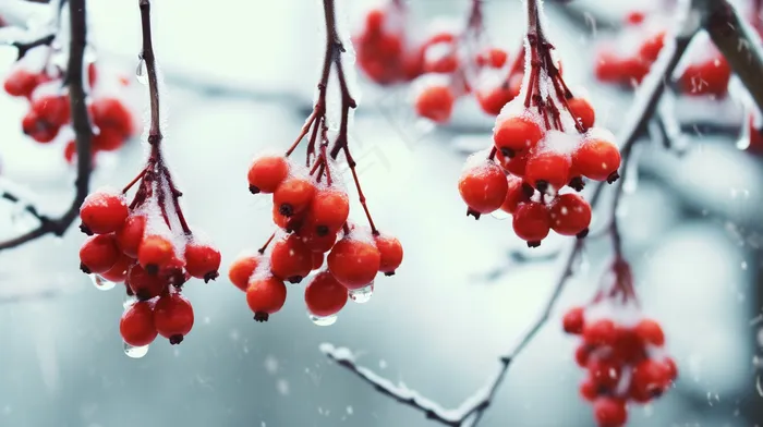 白霜覆盖在红色果实上霜降摄影图(4368x2448)