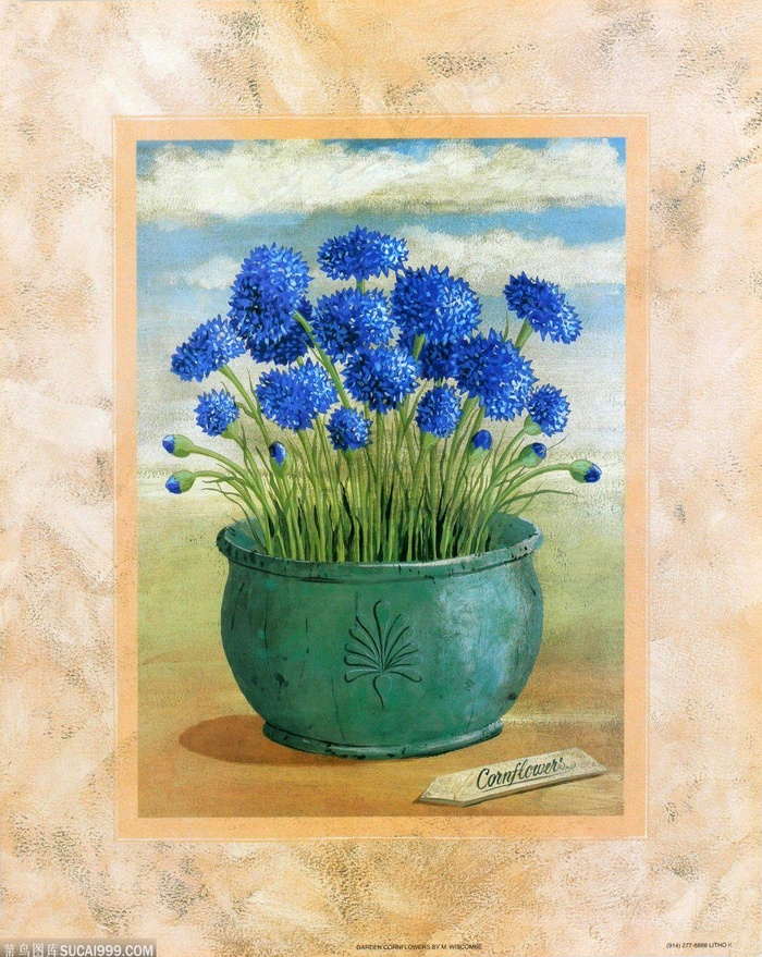 蓝色花卉花瓶艺术油画