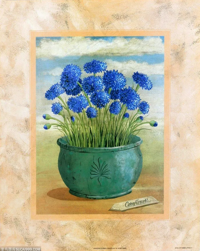 蓝色花卉花瓶艺术油画