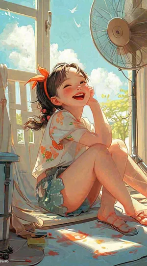 夏天风扇凉快清新儿童，阳光夏至手绘插画