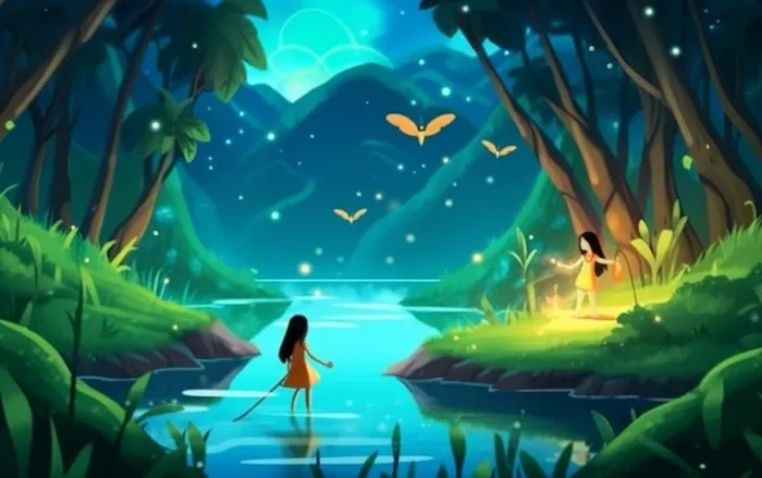 夜晚森林萤火虫蝴蝶插画背景(1376x864)