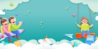 绿色插画人物开学季促销展板背景