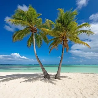 沙滩上的几棵棕榈树的照片，海滩上的棕榈树热带海滩摄影图