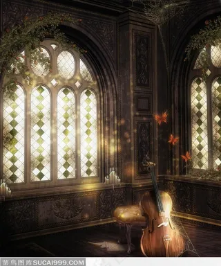 废弃的房屋里窗户前椅子上靠着大提琴