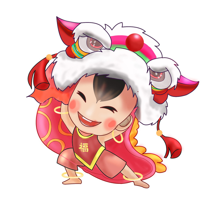 新年春节虎年元宵手绘人物舞狮卡通狮子头插画元素PSD设计素材