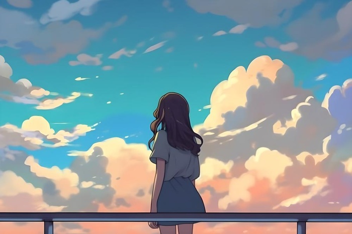 天空彩虹白云毕业的女孩插画背景(5376x3584)
