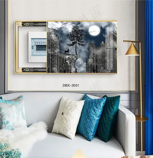 大气时尚家居室内装饰场景客厅沙发卧室床铺电表箱壁画背景图背景效果图饰画